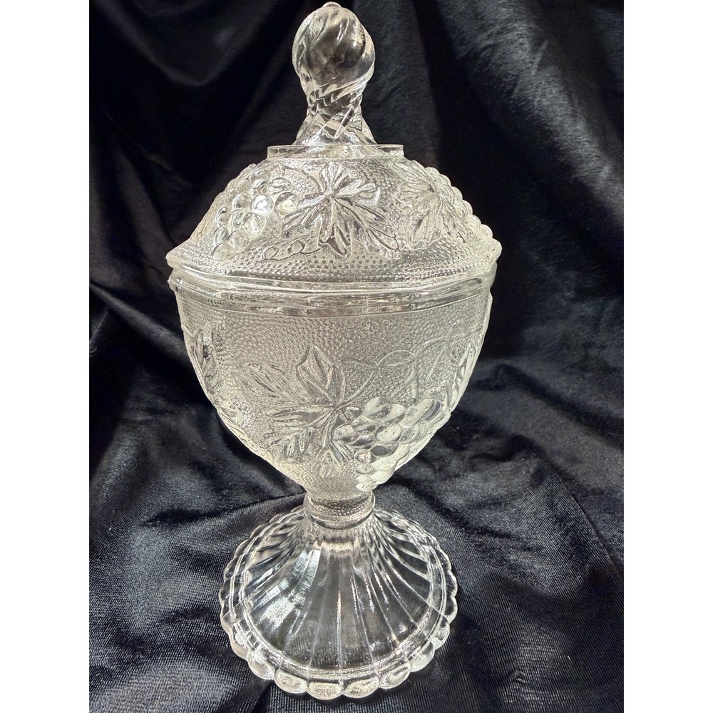 EAPG Clear SANDWICH Glass Lidded Compote On Pedestal w/Grape Design (2611)